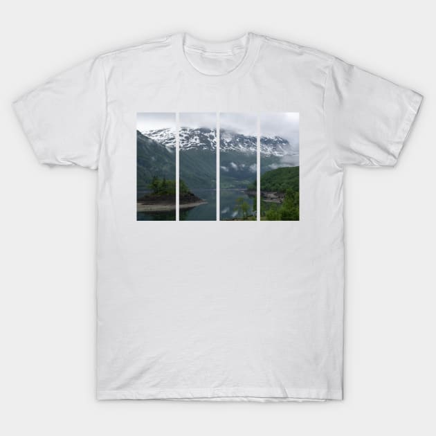 Wonderful landscapes in Norway. Vestland. Beautiful scenery of an island in the Roldalsvatnet lake. Snowed mountains and trees on rocks in background. Cloudy day T-Shirt by fabbroni-art